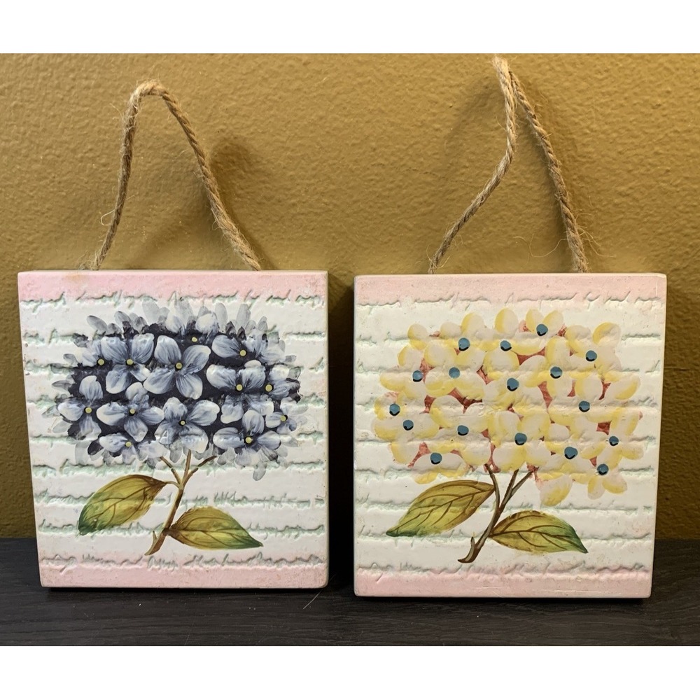 Home Interiors Hydrangeas - Ceramic Tile Wall Art Plaques - Set of 2